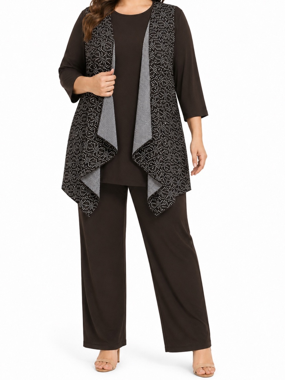 Attitudes by Renee  3-Piece Plus Size Pant Set Brown White 1X NWT